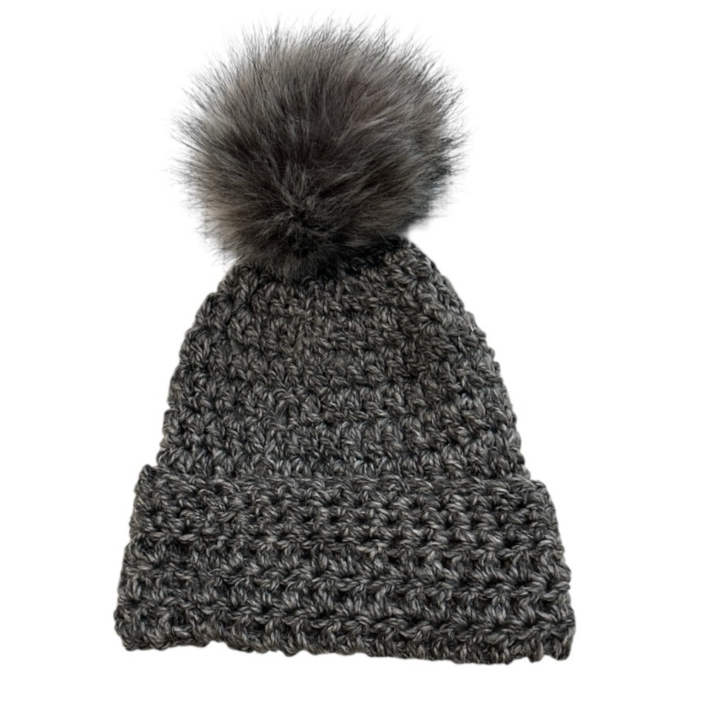 Super Warm Chunky Crochet Knit Gray Beanie Hat with Oversized Faux Fur Pom, OS
